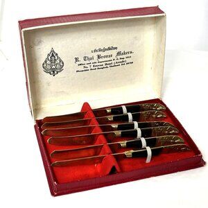 Vintage MCM Thailand Gold Bronze Plated Wood Handle Set of Butter Knives